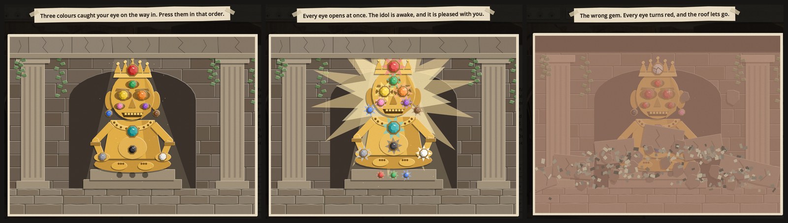 Three panels of the Ominous Idol event: the golden idol studded with gems, the idol blazing awake, and the vault coming down on it