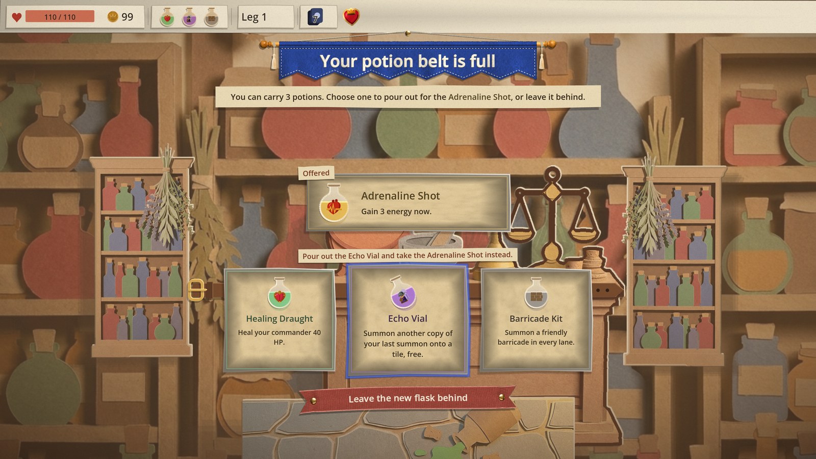 An apothecary counter in cut paper asks which of three carried potions to pour out for a new Adrenaline Shot