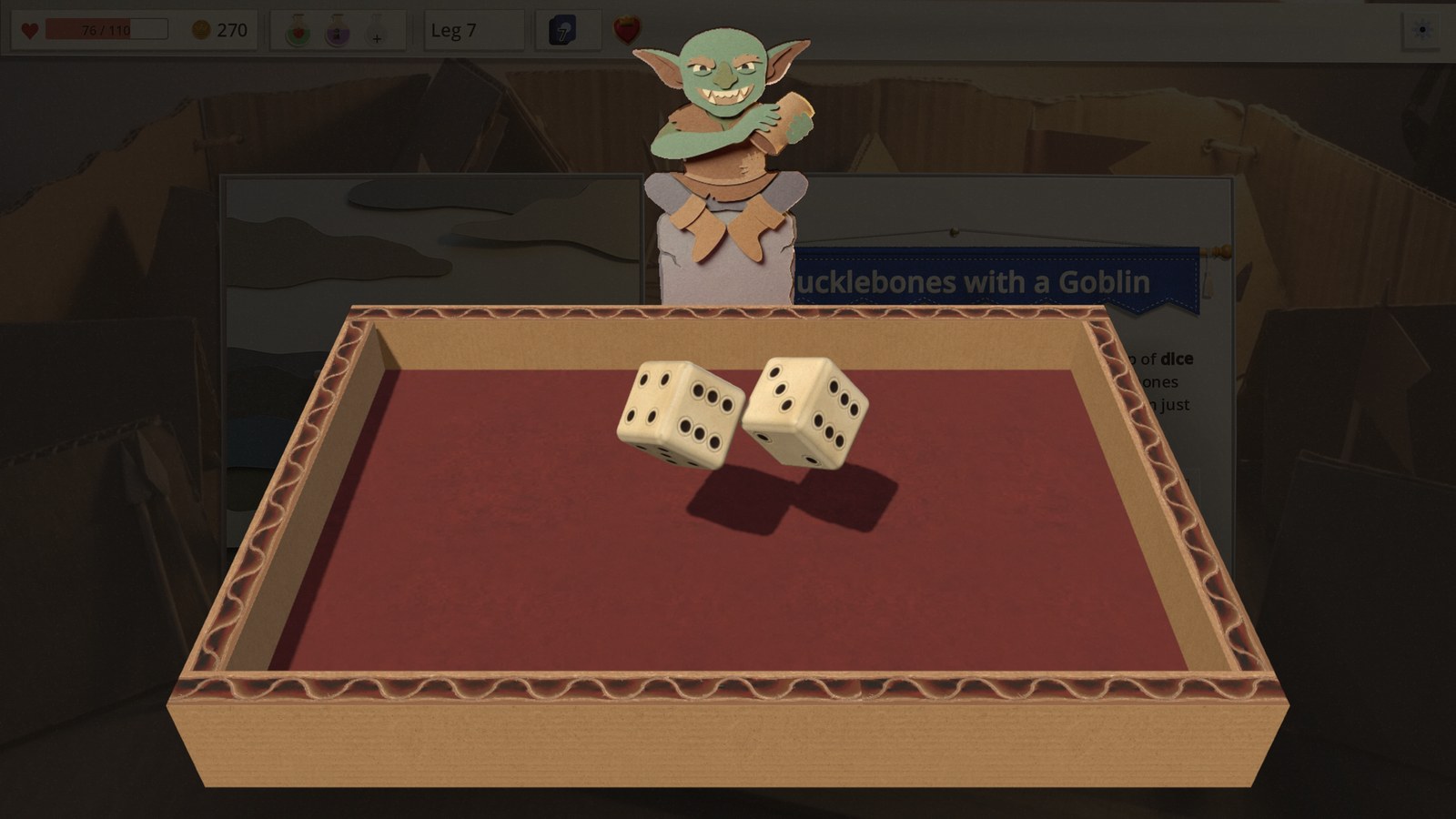 Knucklebones: two carved bone dice tumble in a corrugated cardboard dice box lined with red felt, while the goblin grins over the rim with his dice cup