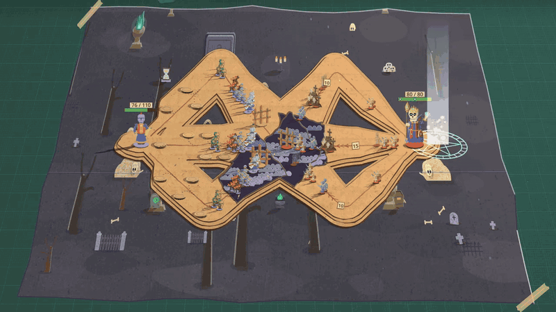 Rex Mortifer's board glows, a hole opens round it and it falls through layers of earth and bone into a green-lit underworld