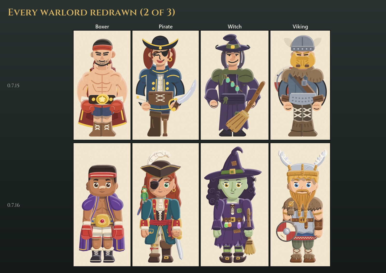 Four more warlords before and after: the Boxer in a purple robe and champion's belt, the Pirate with a parrot on her shoulder, the Witch with a broom and potion bottles on her belt, and the Viking with a braided beard and a round shield
