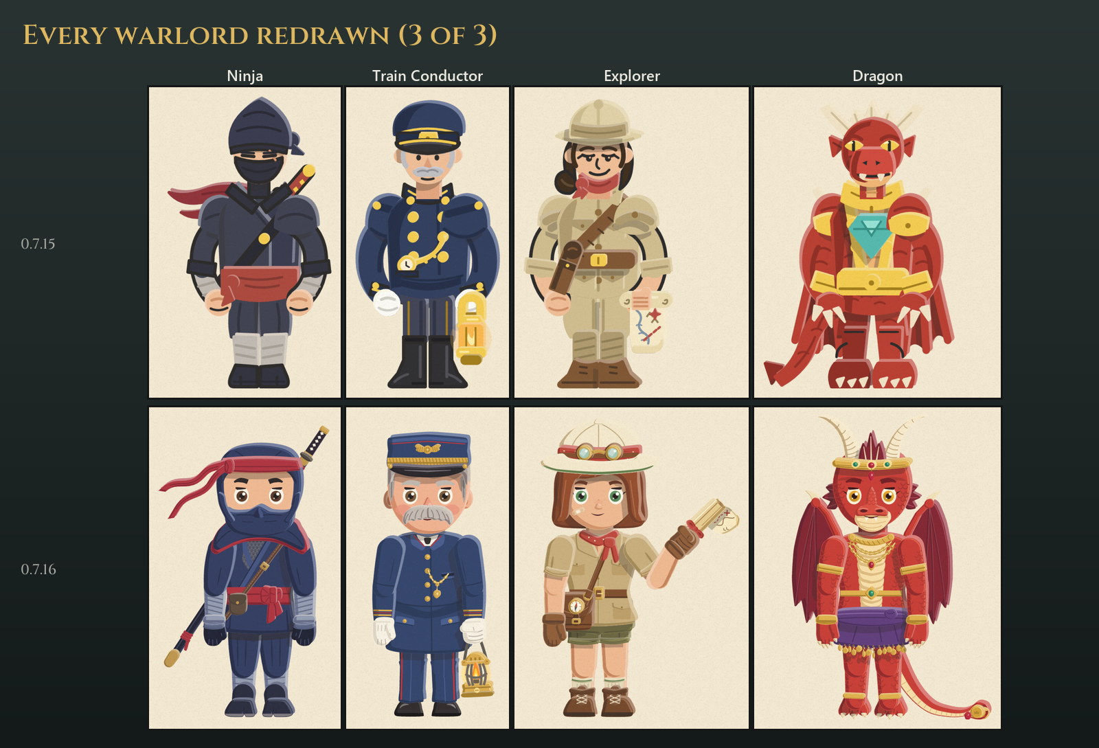 The last four warlords before and after: the Ninja, the Train Conductor with his lantern, the Explorer holding up a map, and the Dragon with ram's horns, wings and a tail