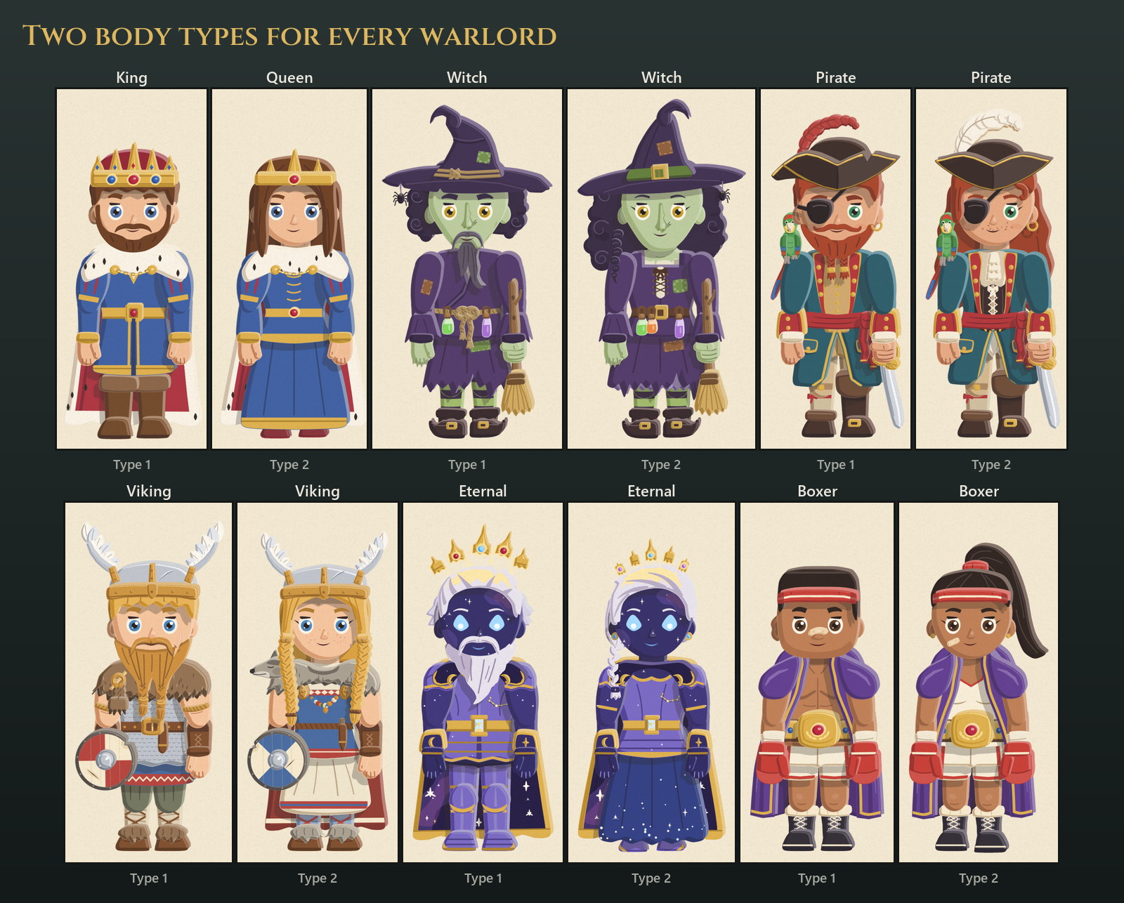 Six warlords in both of their body types, Type 1 beside Type 2: the King and Queen, the Witch, the Pirate, the Viking, the Eternal and the Boxer
