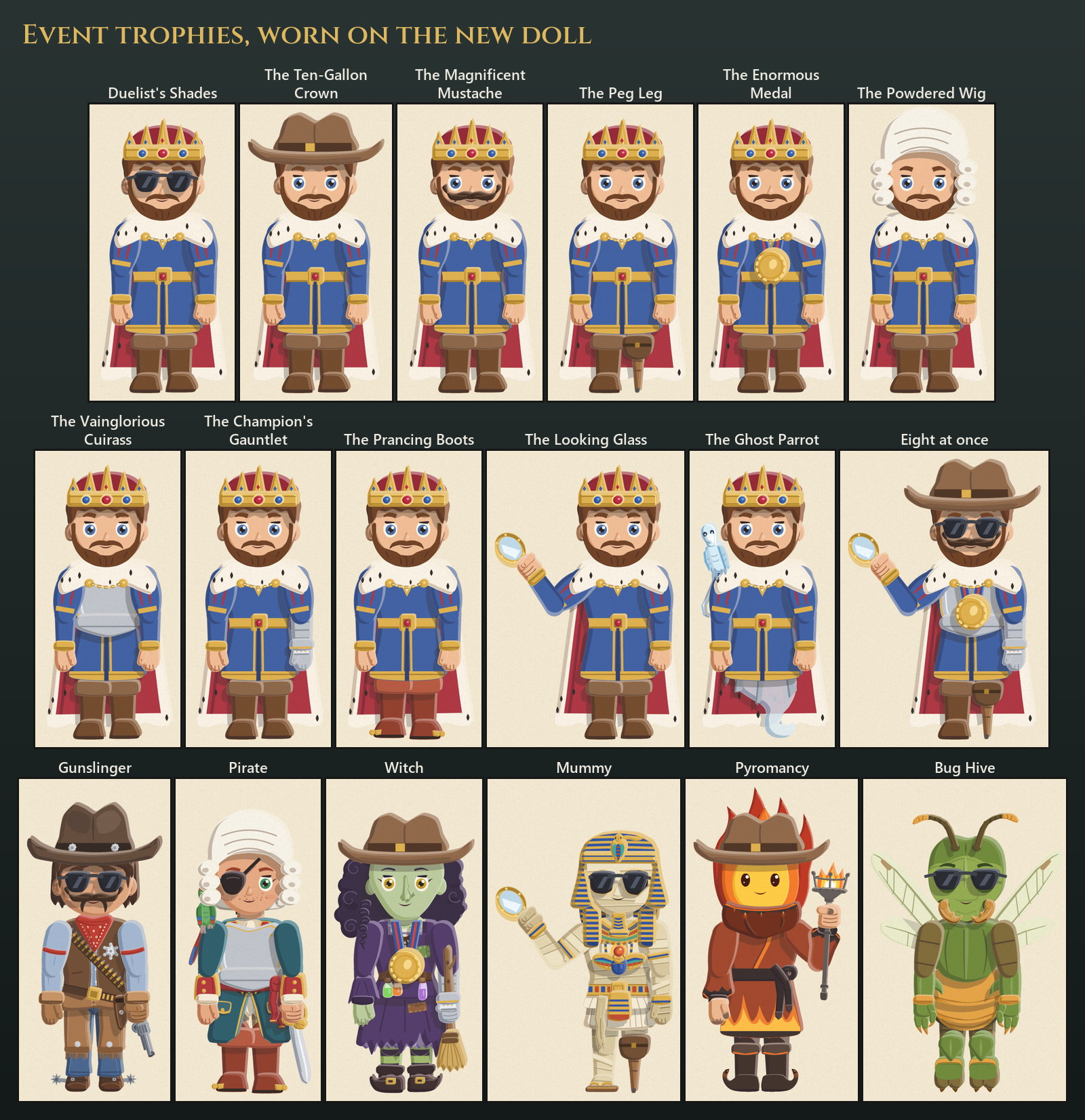 The event trophies on the new doll. On the King: Duelist's Shades, The Ten-Gallon Crown, The Magnificent Mustache, The Peg Leg, The Enormous Medal, The Powdered Wig, The Vainglorious Cuirass, The Champion's Gauntlet, The Prancing Boots, The Looking Glass, The Ghost Parrot on legs of mist, and eight worn at once. Below, trophies on the Gunslinger, the Pirate, the Witch, the Mummy and two pack dolls
