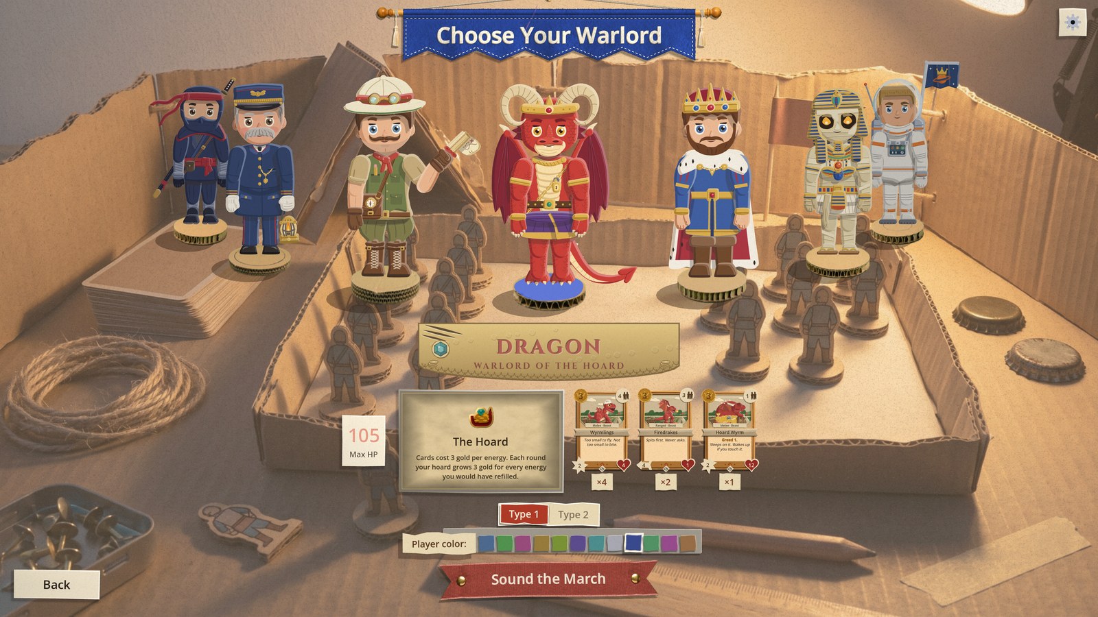 The Choose Your Warlord screen with the redrawn warlords standing in the cardboard box: the Ninja, the Train Conductor, the Explorer, the Dragon at the front, the King, the Mummy and the Spaceman