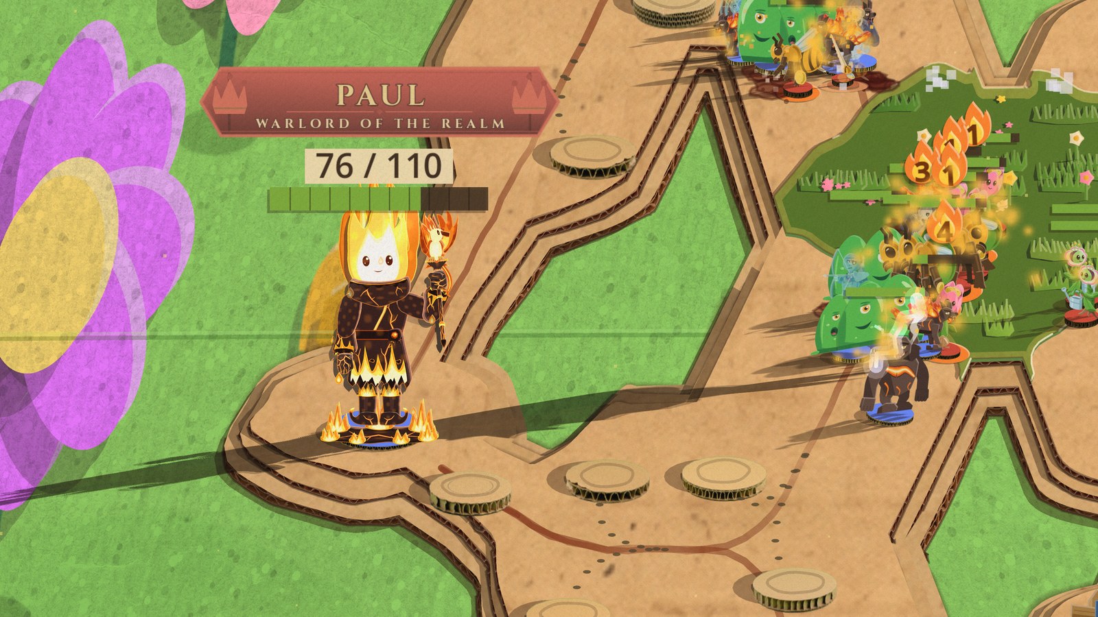 A warlord in Pyromancy's Ascendant form, The Living Flame, stands in a ring of fire at the end of the road on Verdy B. Queen's meadow while slimes and a magma brute fight burning bees up the lane