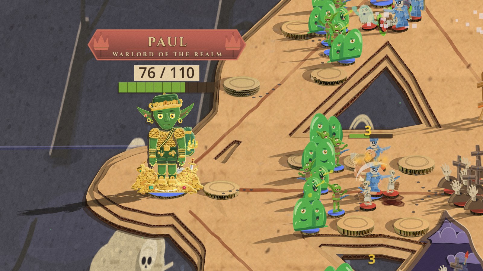 A warlord in Goblin Horde's Ascendant form, The Hoard King, stands on a pile of gold on Rex Mortifer's crossroads while slimes and goblins fight skeletons in front of him