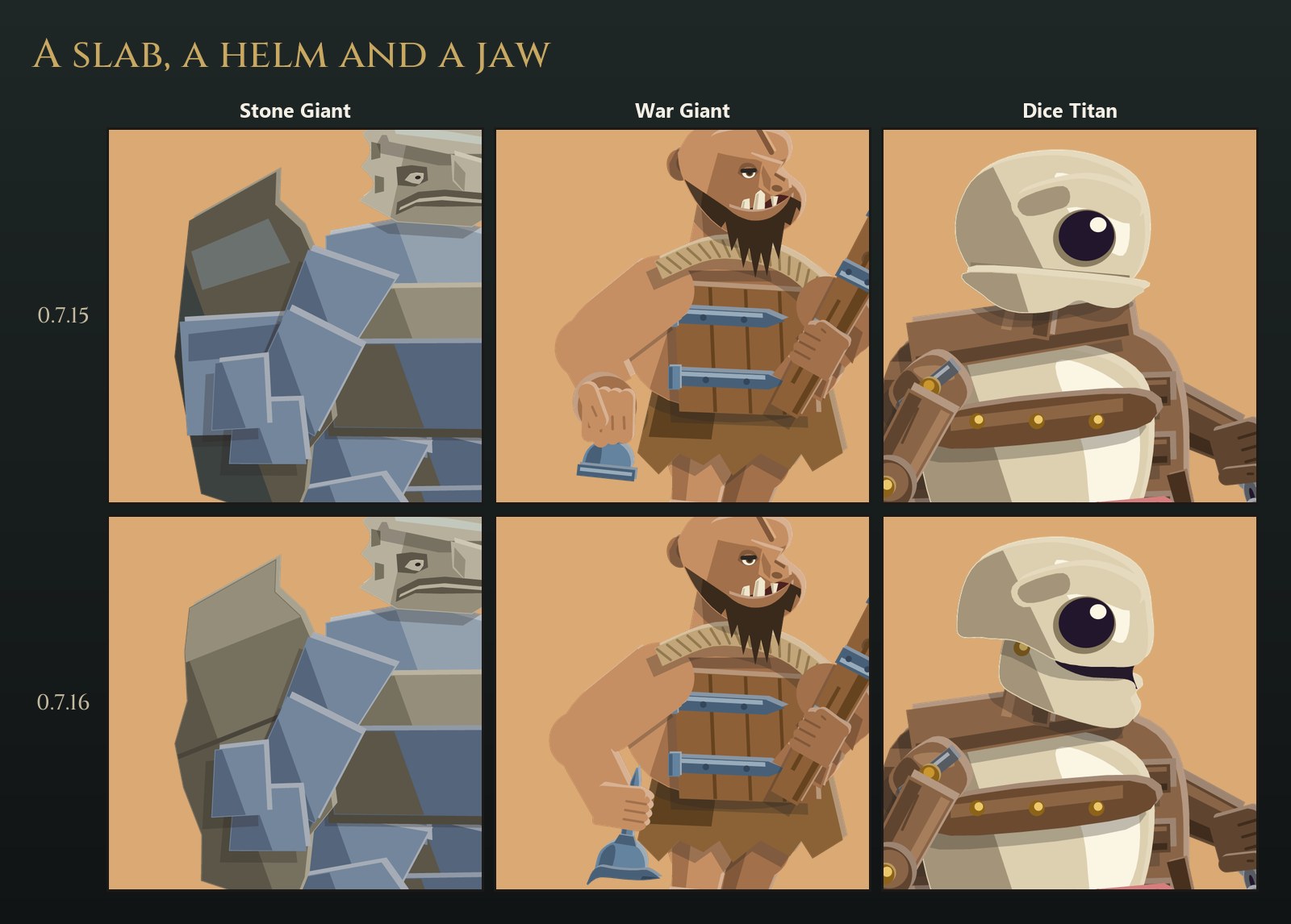 Close-ups before and after: the Stone Giant carrying one plain sandstone slab instead of a slab with a grey panel in it, the War Giant holding the helmet he took by its spike with all four fingers showing, and the Dice Titan with a hinged bone jaw and a mouth where it had a visor