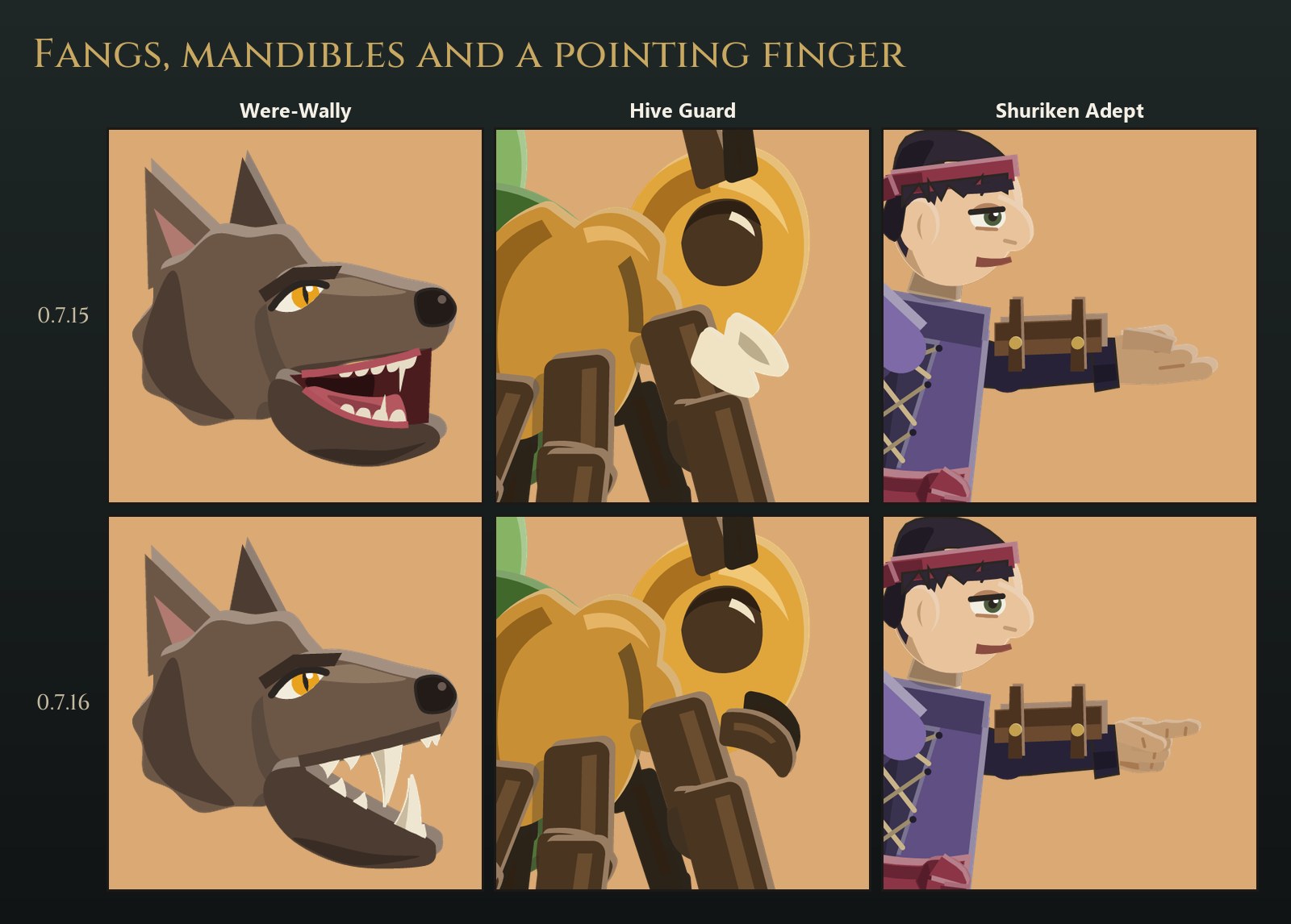 Close-ups before and after: Were-Wally with his jaws wide open and two long wolf fangs, the Hive Guard with brown curved mandibles instead of pale wedges, and the Shuriken Adept pointing with one finger out and the others curled