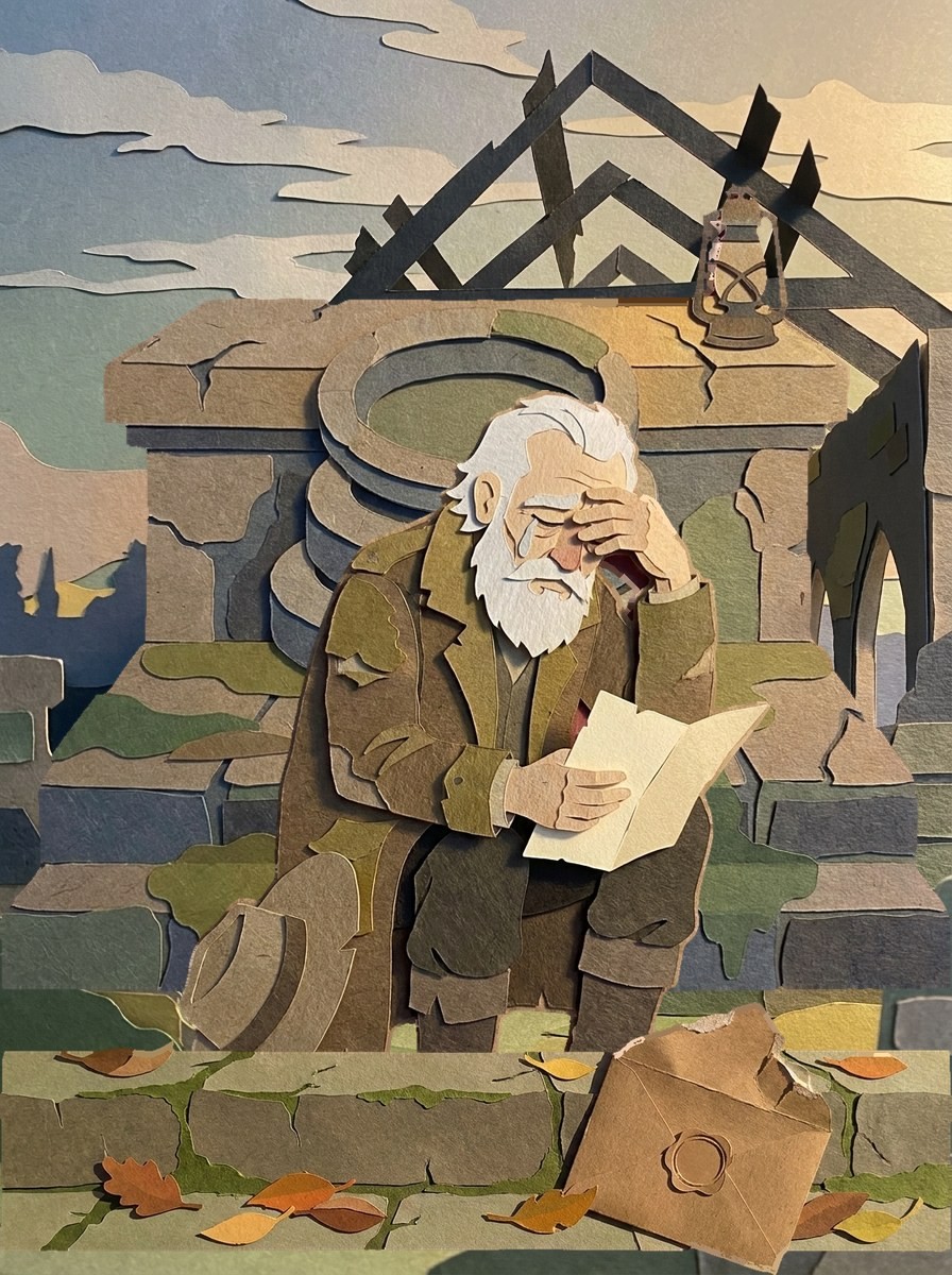 A cut-paper picture of Motley Jack, an old white-bearded man in a patched coat, sitting on a ruined wall with his hat beside him, reading a letter and wiping his eyes, with the torn envelope at his feet
