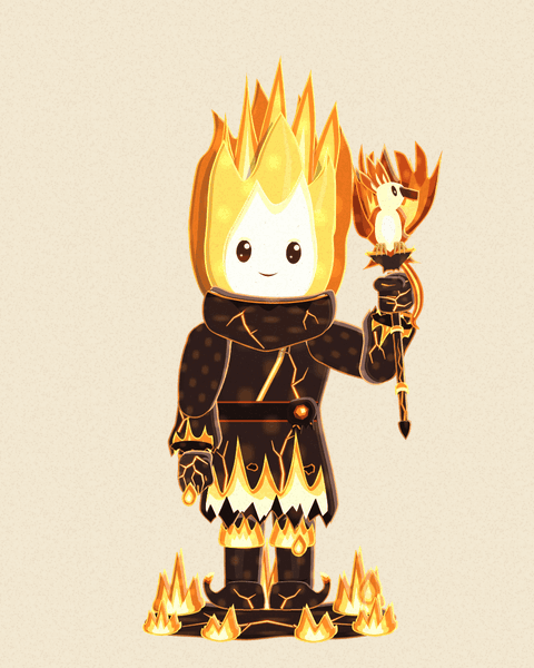 Pyromancy's Ascendant form, The Living Flame: a figure with a flame for a head stands on scorched ground inside a ring of paper flames, embers spiral up round him and a phoenix beats its wings on his staff