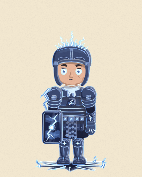Steel Legion's Ascendant form, The Stormforged: an armoured legionary stands on a scorch star while paper lightning bolts strike the ground on one side of him and then the other