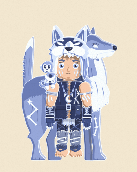 Wild Pack's Ascendant form, The Alpha Moon: a great spirit wolf with stars in its coat stands behind the warlord, its head at his shoulder, breathing and swishing its tail
