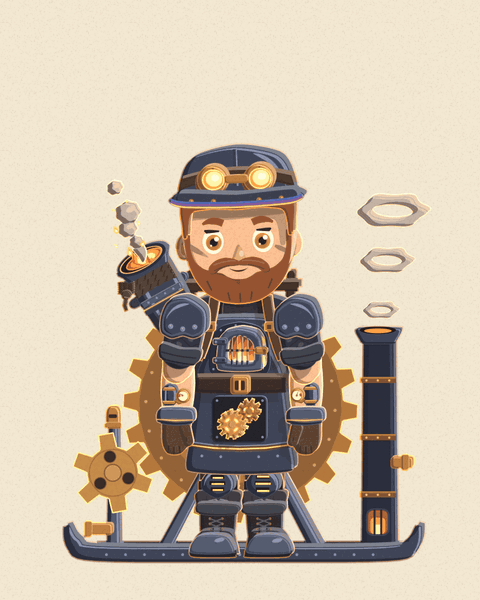 Siege Works' Ascendant form, The War Engine: the engineer stands on the sled of his own machine, a copper gear turning at his back, a stack puffing smoke rings and a valve venting steam