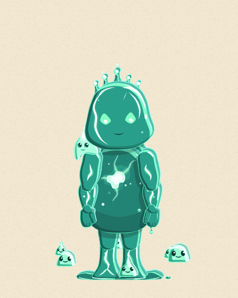 Slime Swarm's Ascendant form, The First Ooze: a teal jelly figure with bubbles rising through it, and six little slimes with faces hopping round its feet