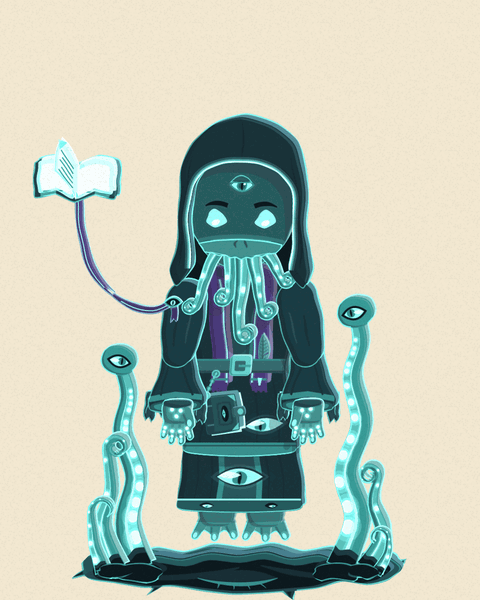 Forbidden Lore's Ascendant form, The Last Reader: a hooded reader with a tentacled face stands over a split of ink in the ground, and tentacles tipped with eyes rise and sway at his sides
