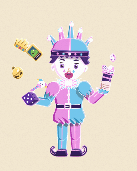 Pandemonium's Ascendant form, The Crowned Riot: a jester holds one hand out and juggles a die, a bell, a crown, a battle card and a bauble