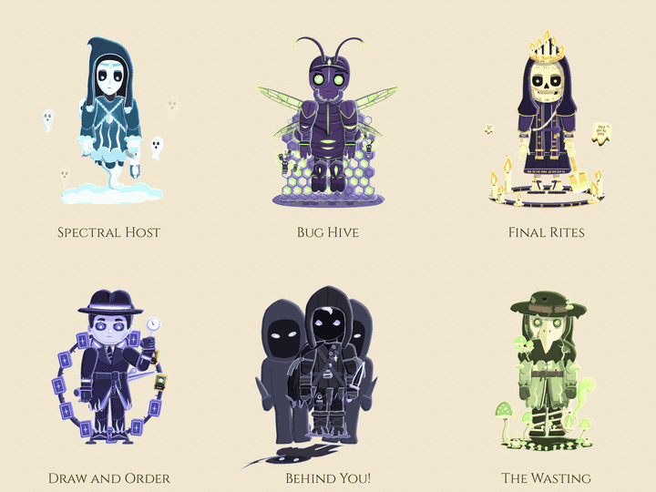 Six more Ascendant forms: Spectral Host over a bank of mist with souls rising, Bug Hive in front of a wall of honeycomb, Final Rites in a circle of grave candles, Draw and Order inside a dial of battle cards, Behind You! with two shadow doubles at his shoulders, and The Wasting in a fairy ring of mushrooms