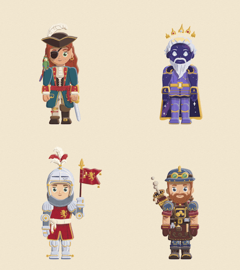 Four dolls standing idle: the Pirate glances aside, the Eternal stretches both arms out, and the gilded Vanguard and gilded Siege Works looks breathe, blink and shift their weight