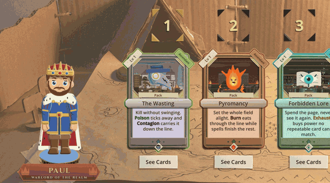 The pack draft: the King stands beside three pack cards, and each pack picked puts one piece on him, a burnt robe from Pyromancy, a loot pack from Goblin Horde and sleeves from Forbidden Lore