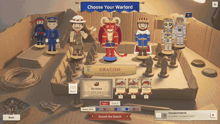 Sound the March on the Choose Your Warlord screen: the Dragon throws a fist up and hops off his stand, the pack draft folds up from the bottom edge of the screen with a hole cut in his shape, and the page lands round him so he is standing in his place on the draft