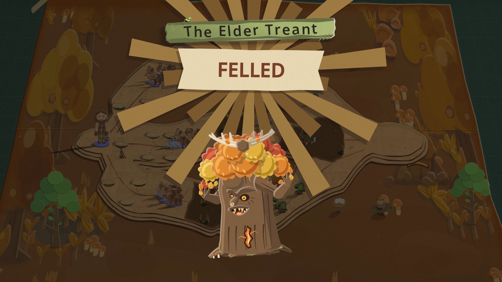 The woken Elder Treant stands in full colour under his name sign and a paper banner reading Felled, with a sunburst of paper rays behind him and the dimmed autumn board beyond, where the player's warlord stands with no nameplate or health bar