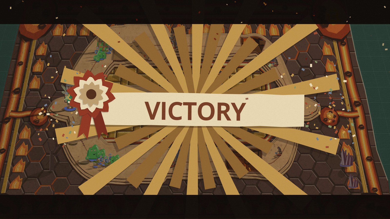The whole screen at a boss win: a cream paper strip reading Victory with a red prize rosette pinned to its left end, on a sunburst of paper rays, confetti falling over the Magma Magnate's board, and a clean letterbox bar across the top and the bottom with no cards or buttons showing
