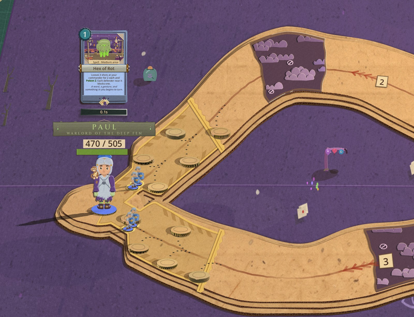 The Cursemonger's Hex of Rot card hangs over the player's commander while the guard ground lies on the board as one gold-edged sheet of paper down both roads, with pinked tape across each road's end and gold rings under the four Legionnaires standing on it