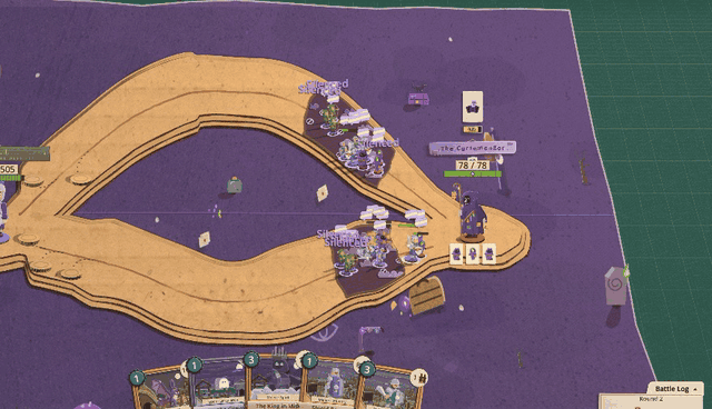 The Cursemonger's hex goes off: the Doubt curse rises out of her hex card on a purple thread, holds at reading size over the board, then drops away to the discard pile