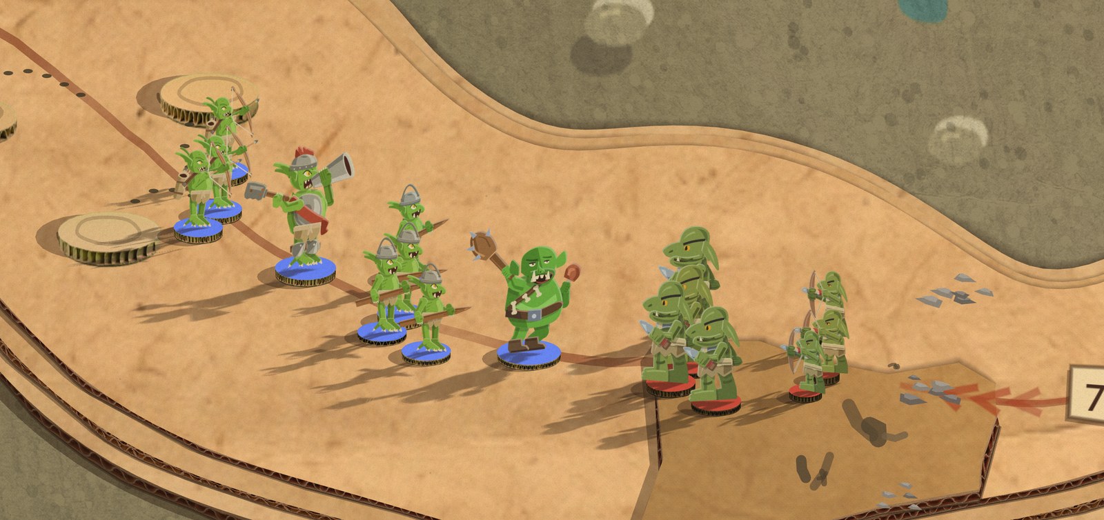 A goblin army on its road: three Goblin Archers, a Warboss with a red crest and a horn, four Rabble with spears, and a Goblin Brute with a spiked club, facing Grix's hooded goblins and archers on red discs. The Warboss and the Brute stand a head taller than the rest