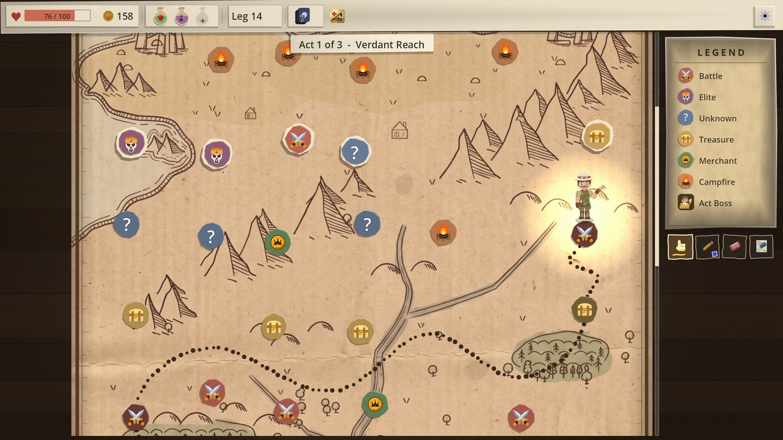 The Act 1 map with the Explorer standing on a battle marker and her dotted trail wandering across the parchment behind her, curving round the markers it passes