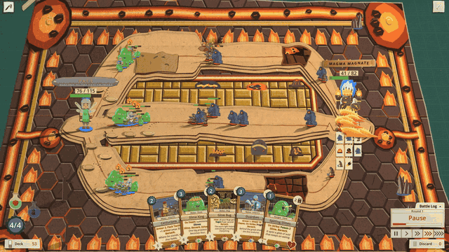 The killing blow lands on the Magma Magnate: the hand of cards, the Pause plate and the rest of the interface fade out, the camera dives in under letterbox bars, the warlord runs up and blows out the fire on his crown like birthday candles, he crumbles to ash, and the camera pulls back over a cleared table as the Victory ribbon lands