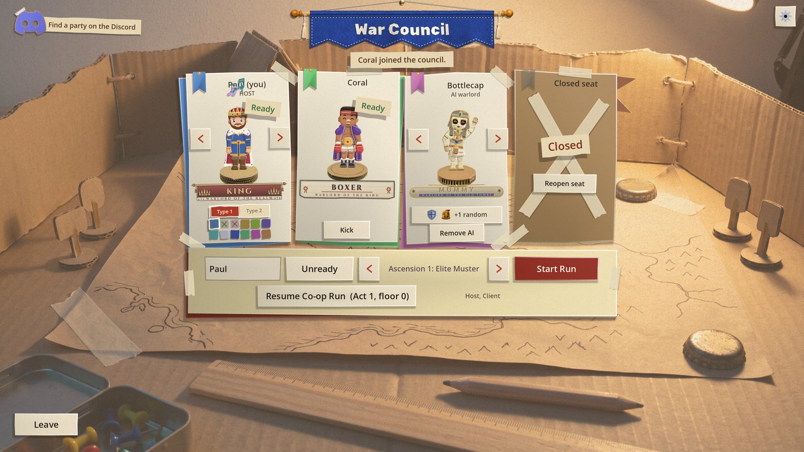The War Council on its cardboard desk: four seat cards in a row. The host's King is marked Ready, a friend's Boxer is marked Ready with a Kick button under him, an AI warlord called Bottlecap stands as the Mummy with a Remove AI button, and the fourth seat is taped over with a big cross and the word Closed, with a Reopen seat button