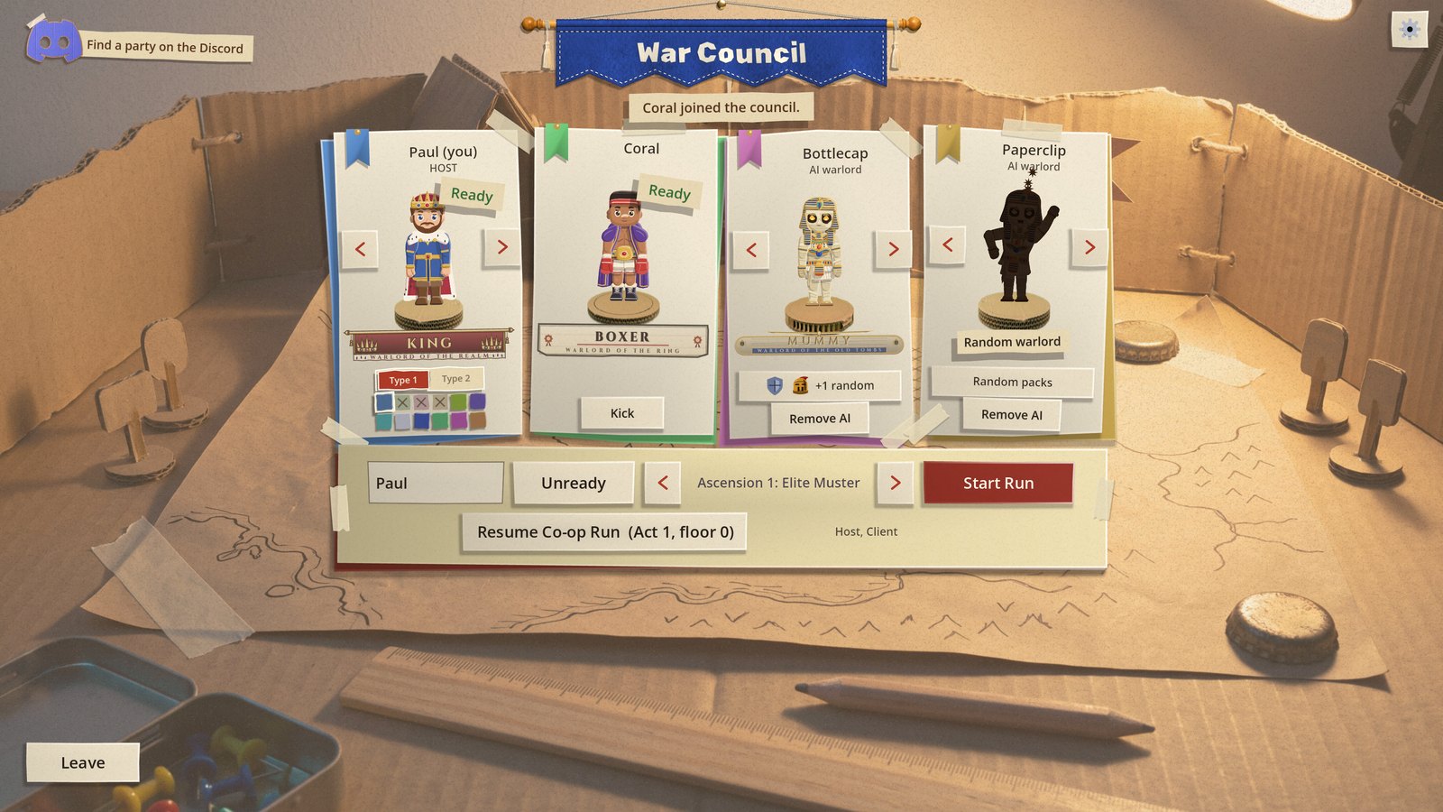 The same table with two AI warlords seated: Bottlecap as the Mummy with one chosen pack and one random, and Paperclip shown as a black silhouette over the words Random warlord and Random packs, beside the host's King and a friend's Boxer