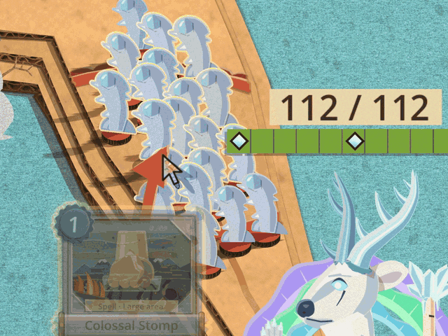 A Colossal Stomp aimed at a crowd of ice Flurries on the Avatar of Winter's road: a giant paper foot comes down on them, round status tokens pop up over the crowd, and when it lifts the survivors stand dazed under gold stars while dark red paper pools lie on the board where the fallen stood