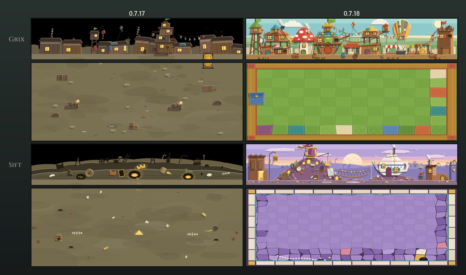 Grix and Sift, 0.7.17 on the left and 0.7.18 on the right. Grix's dark row of shacks becomes a bright town of stilted huts, a red mushroom house and a striped balloon, and his khaki ground becomes a green patchwork quilt with coloured patches down one side. Sift's black sky over a junk heap becomes a lilac sunset over his throne heap and a teapot house, and his khaki ground becomes a lilac tile mosaic with a cream border