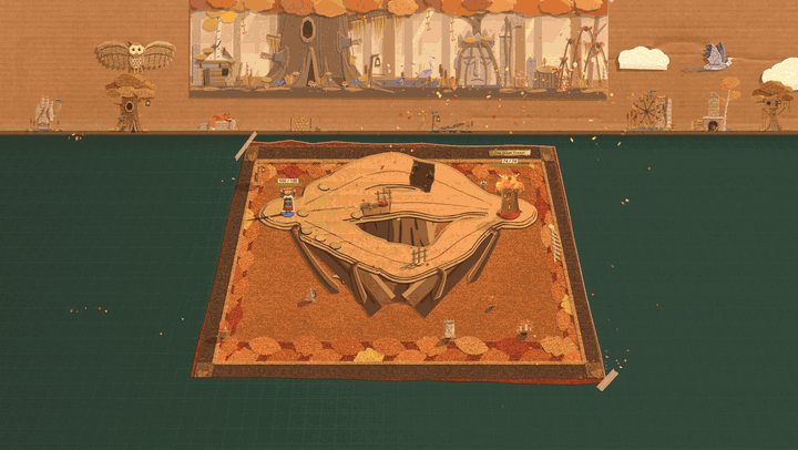The tree rising: roots tear the board out of the mat, a brown paper trunk lifts it and the backdrop card out of the box past the cardboard rim, they break through a layer of cloud, and an autumn crown of orange and yellow paper leaves opens round the board under a blue and apricot sky