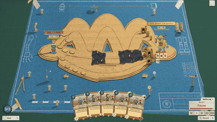 The Brass Colossus's last break: a huge brass claw rushes out of the board at the screen, its talons crack the glass, lightning runs along the cracks, and then the banner The Foundry Stands Up shows the Foundry Titan, a bigger machine with a furnace for a chest, in a yard of gears and gantries