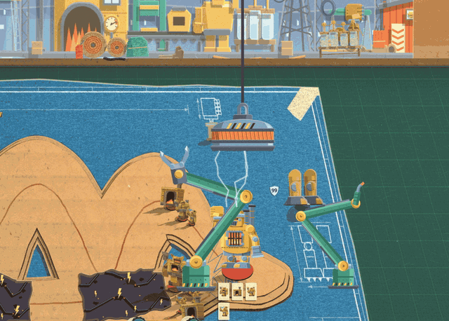 The refit on the field: an electromagnet hangs over the Brass Colossus on a blue blueprint mat, a green gripper arm swaps his parts one at a time for the titan's furnace hull, claw arm and finned helm, and he is let down onto his stand as the Foundry Titan