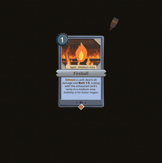 Upgrading Fireball: a glue bottle passes over the card, new pieces are stuck onto its face so its name reads Fireball+ and its damage and burn numbers change, and coloured paper streamers burst out from behind it before a Continue ribbon drops in