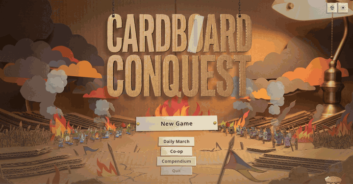 The title screen after a won run: the Cardboard Conquest letters fill with rainbow watercolour from left to right while small paper rockets go up from the armies on the battlefield below and burst into confetti