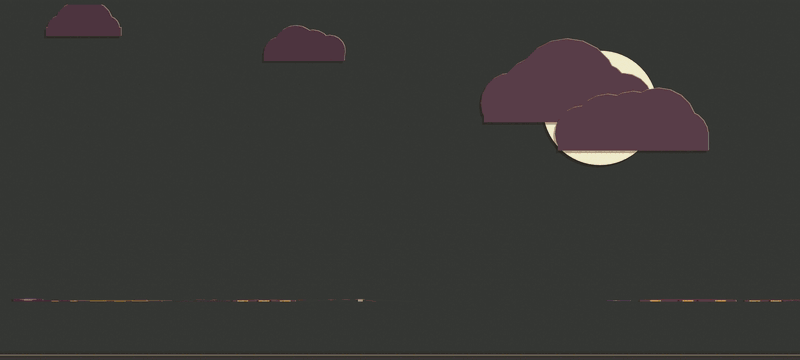Wally's second phase break: clouds and a pale moon hang over his village at night, the moon turns over on its string and lands blood red, and the title The Blood Moon lands on a torn red strip while Wally waves, watering can in hand