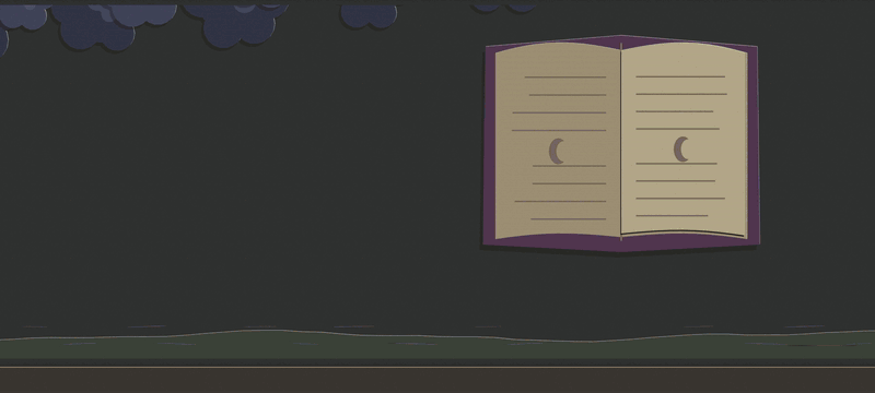 The Lost Witch's phase break: storm clouds drop in over the heath, a giant open spellbook stands behind her, and the title The Whole Book lands on a torn slate strip while she holds up her staff and a purple flame