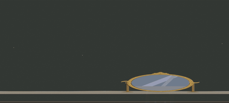 The Mimic's phase break: a gilt standing mirror swings up behind a silvered copy of the player's warlord among treasure chests, the glass cracks, and the title The Mirror Cracks lands on a torn purple strip