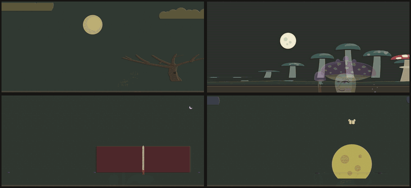 Four phase breaks playing at once in a two by two grid: Cadric's The Court Feasts under a dead tree full of crows, Amanita's The Sporecrown Bursts among giant teal mushrooms, the Cursemonger's The Ledger Comes Due with a giant ledger behind him, and the Fear Drinker's The Court Convenes under a yellow moon