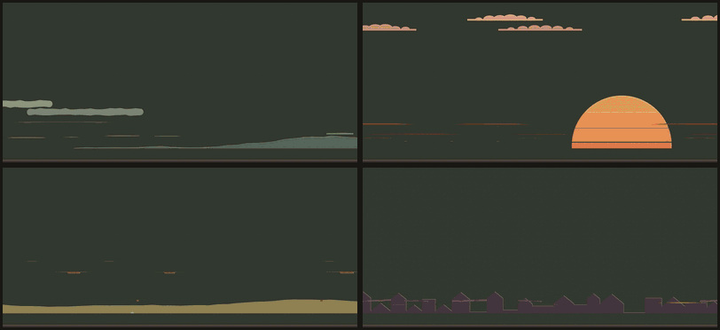 Four more phase breaks in a grid: Simple Ton's Ton Gets Mad on a misty moor, the Houndmaster's Blood Frenzy against a banded sunset, the Bloodhorn Warband's The Mob Answers in front of horned totems and a crowd of the herd, and Silvertongue's Everything Must Go under striped market awnings