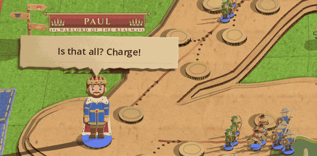 The King's health bar under his nameplate taking blow after blow: the green paper strip folds up into pleats from the right as it drops from 110 toward 7, while the small bars over his archers and recruits pleat the same way