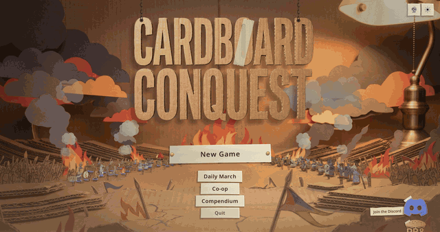 Choosing Co-op on the title screen: red and cream striped tent flaps draw shut over the menu, a blue rosette pins them, then they sweep apart and tie back at the edges to show the War Council laid out on the desk