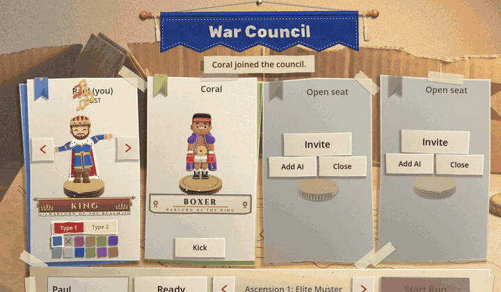 The War Council's four seats: the host's King with a Ready stamp, a friend's Boxer, an AI warlord spun onto the third seat as a dark silhouette, and the fourth seat taped shut with a cross of masking tape and the word Closed, then the warlords stepping and the seats changing