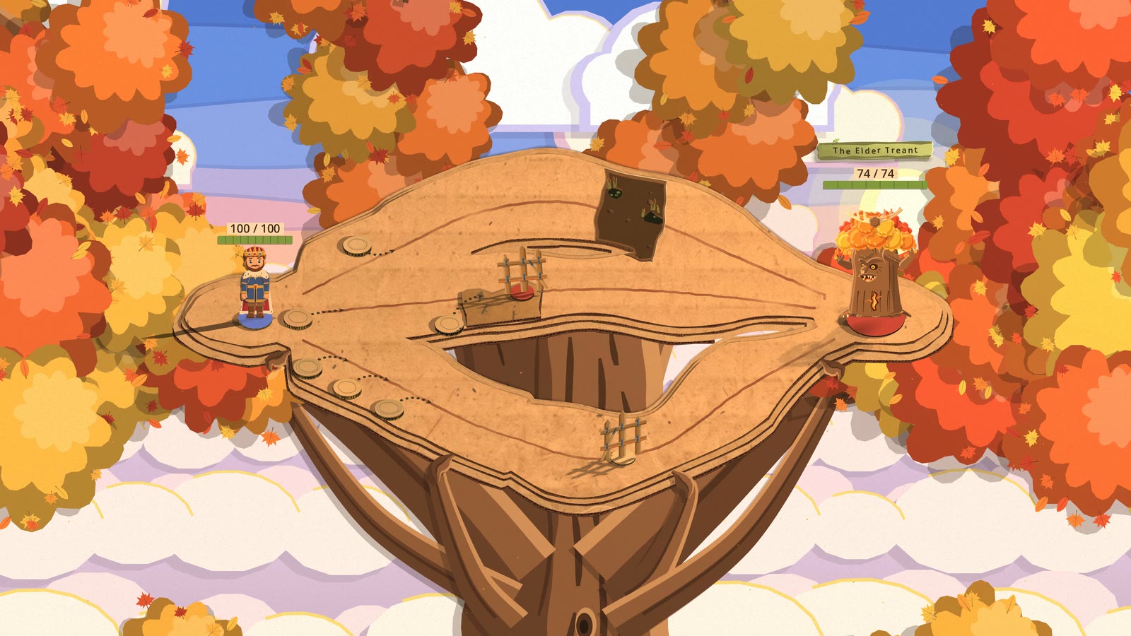 The fight in the sky: the board rests in the arms of the paper tree among orange and gold leaves, the player's warlord on the left and the Elder Treant on the right, over a sea of cream paper clouds